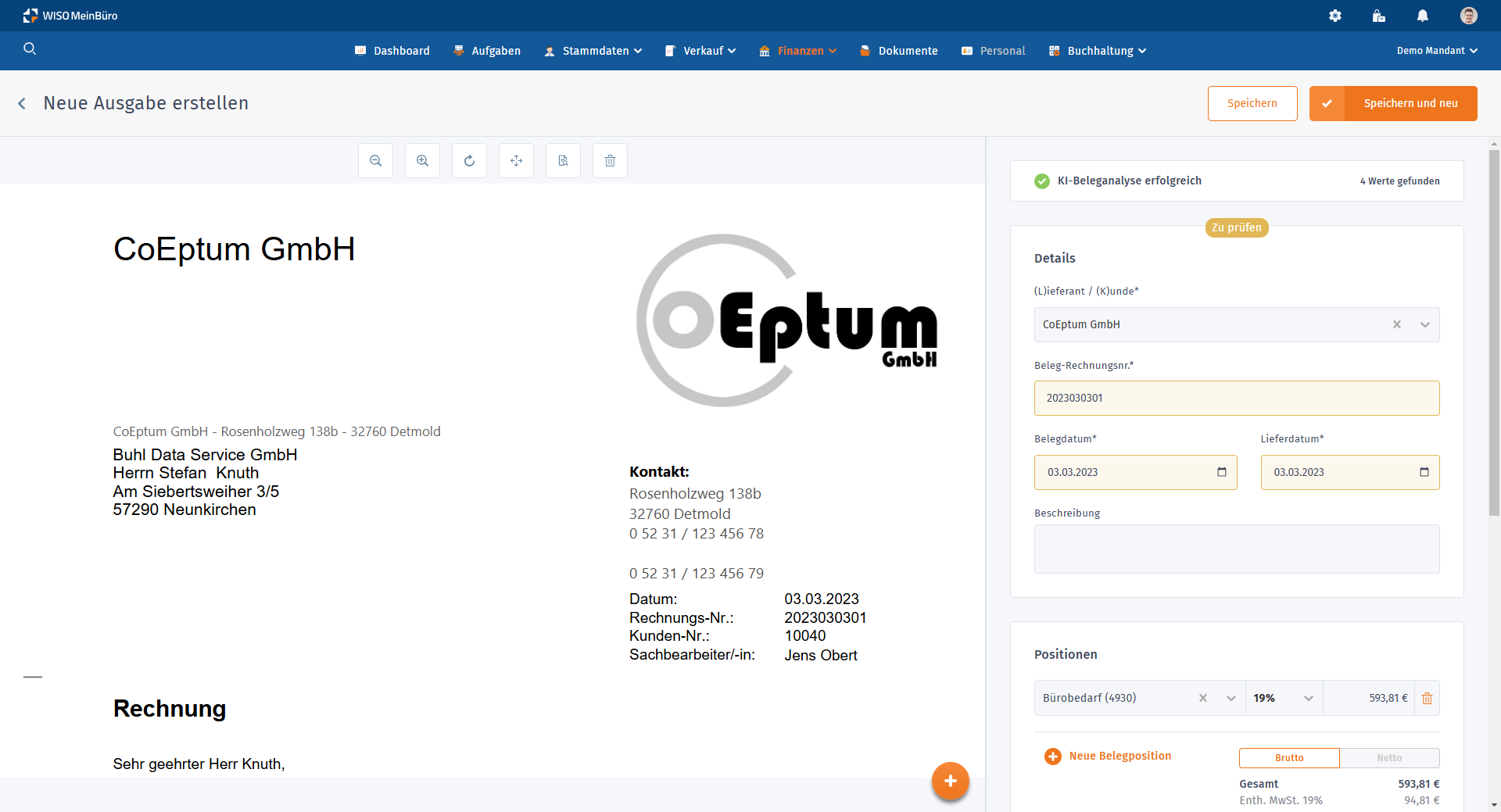 WISO MeinBüro Rechnungen Screenshot