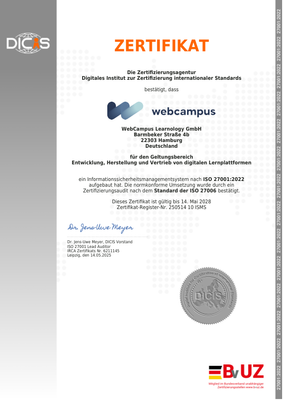WebCampus – ISO 27001 Certificate